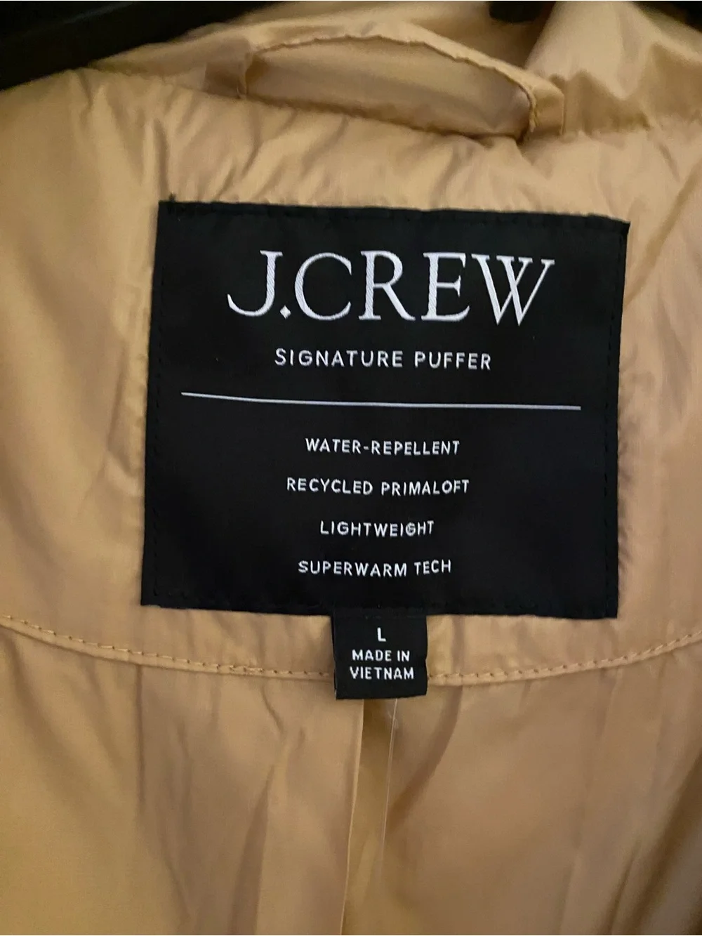 NWT J. Crew Camel-Tan Women’s Quilted Puffer Jacket size L